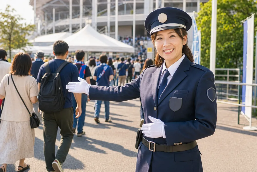 会場の入口で来場者を笑顔で案内する女性警備員