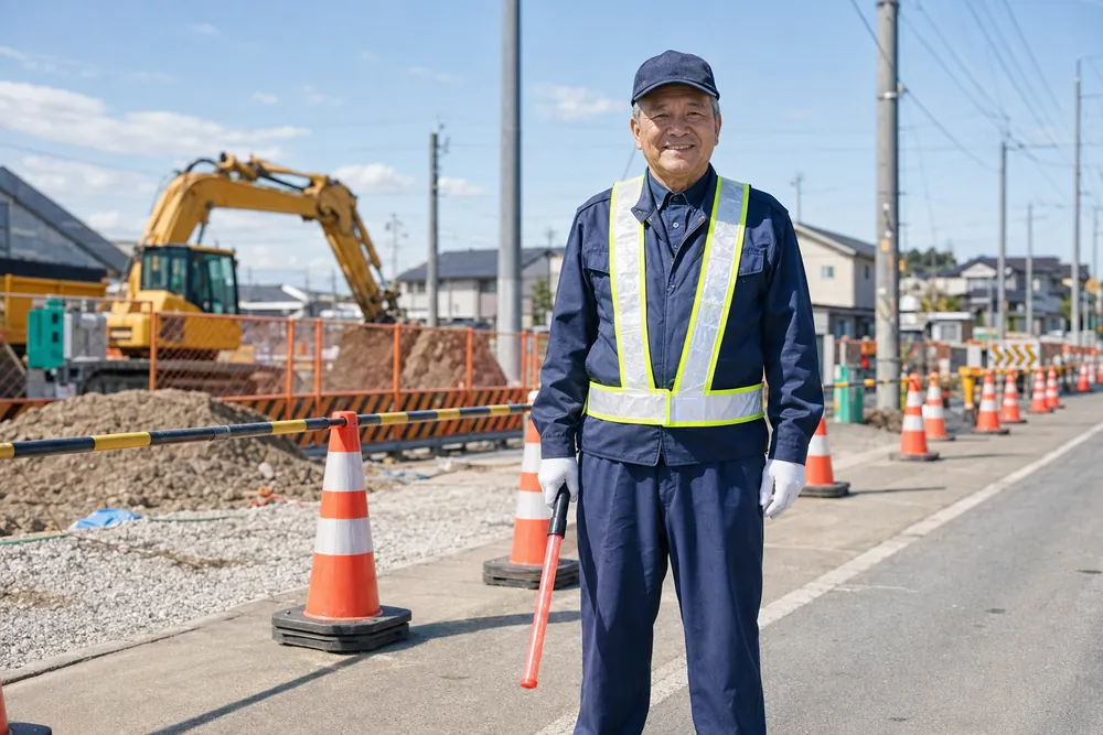 工事現場で誘導棒を持って立つ警備員