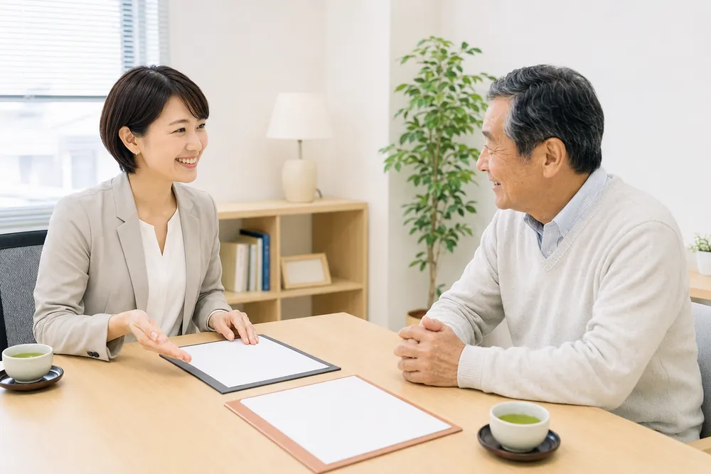 担当スタッフと笑顔で面談するようす